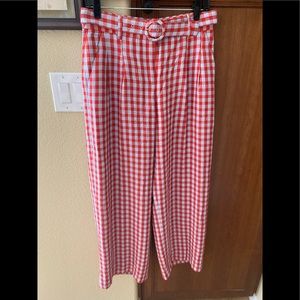 J. Crew wide leg red and pale blue gingham pants.